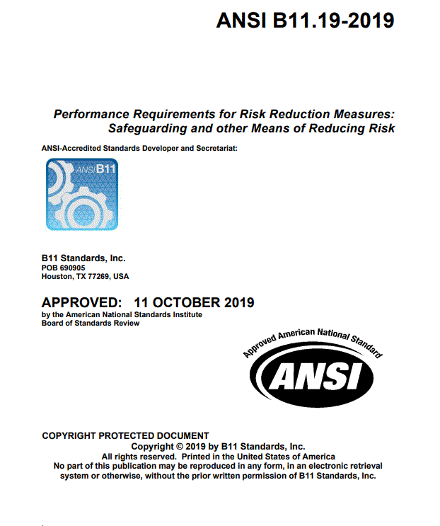 Ansi-b11-19 | Performance Requirements For Risk Reduction Measures